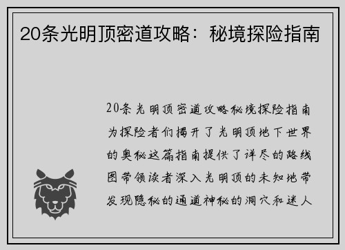 20条光明顶密道攻略：秘境探险指南