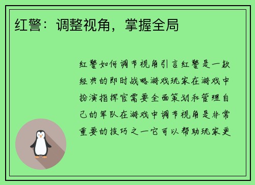 红警：调整视角，掌握全局